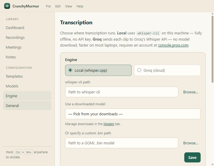 CrunchyMurmur transcription engine settings