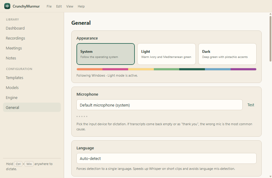 CrunchyMurmur general settings in light mode