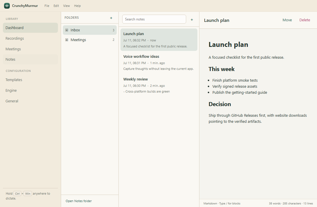 CrunchyMurmur notes workspace with folders, note list, and Markdown editor